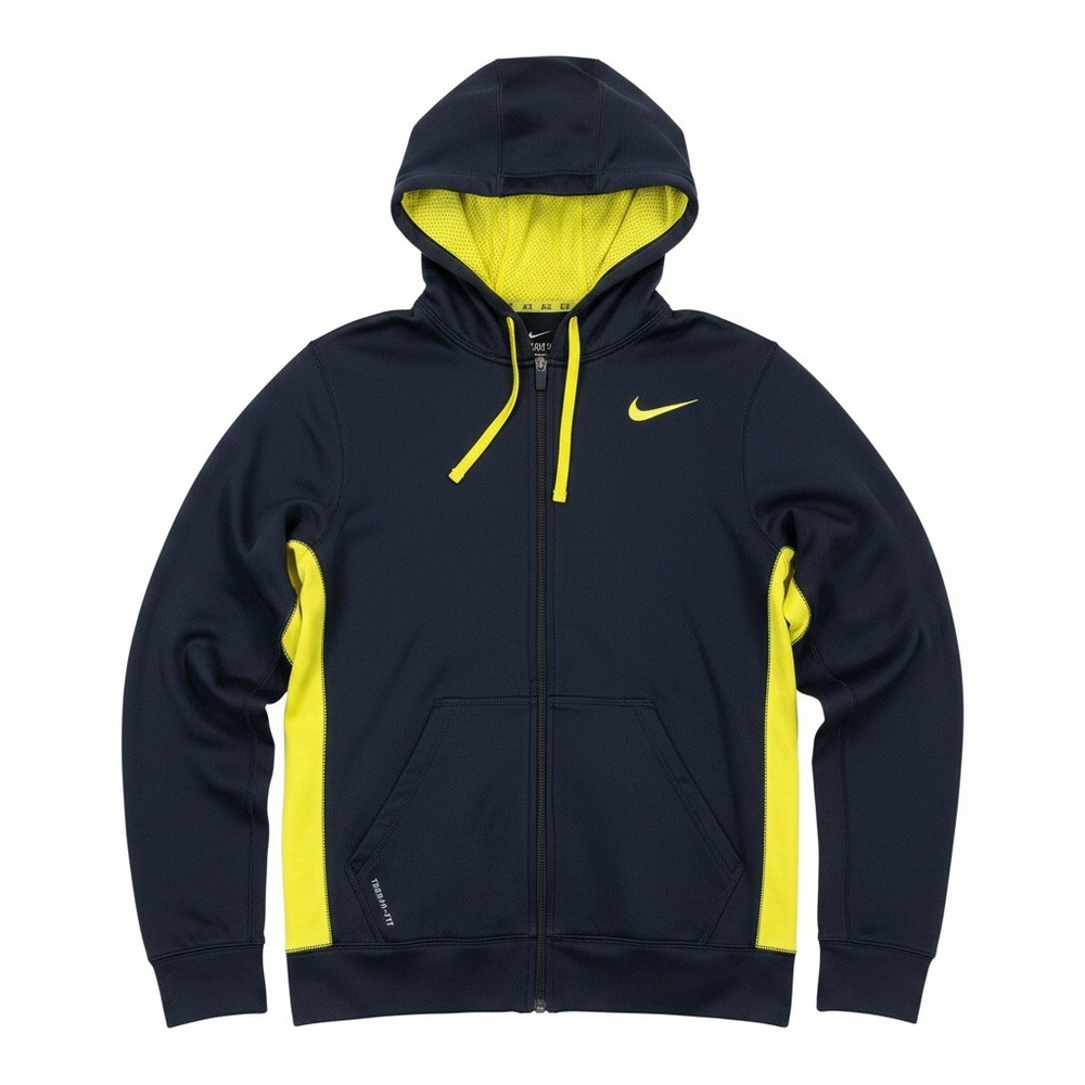 Nike Therma-FIT Mens Small Navy Volt Full Zip Hoodie Neon Yellow Swoosh